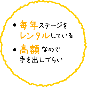 毎年ステージをレンタルしている。高額なので手を出しづらい。